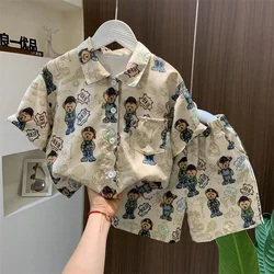 Cartoon Full Print Short Sleeve Cardigan Shirts+Short 2pcs Set Summer Baby Boys Clothes 2024 Fashion Children Casual Clothing