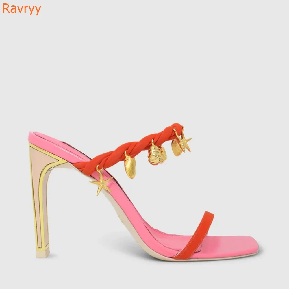 Square Toe Slip On Slides Chunky Heel One Word Belt Sandals Pink Shoes Gold Decorate Women Casual Fashion Sandals