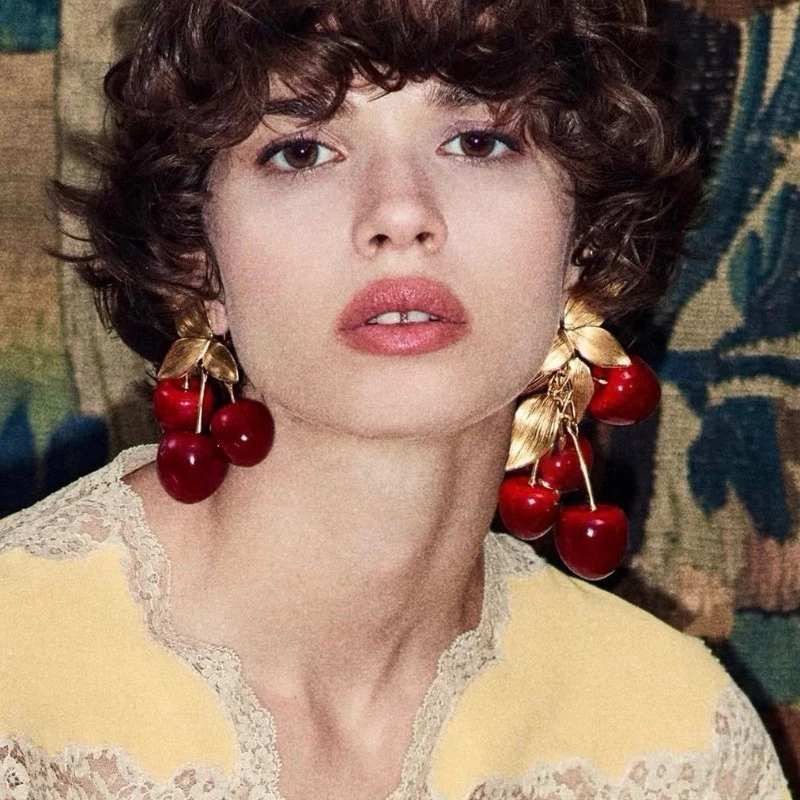 Chic Vintage Gold color Cherry Drop Earrings with Red Resin Beads and Antiqued Leaf Details fashion jewelry