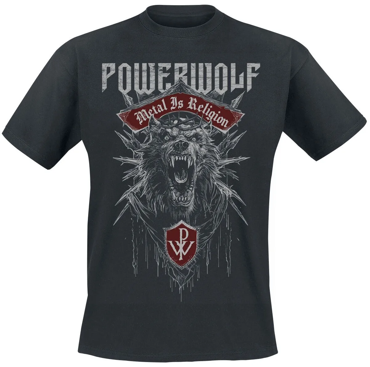 Camiseta de algodón con estampado del logotipo del escudo de Powerwolf Metal Is Religion Wolf Head PW, ropa de calle Power Metal, camiseta unisex con cuello redondo