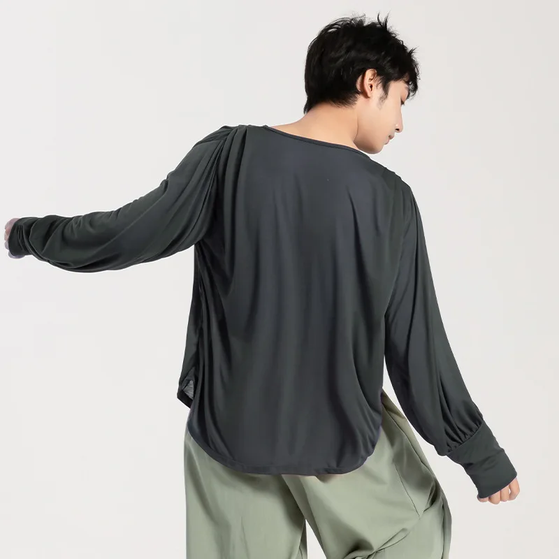 Męskie bluzki do tańca latynoamerykańskiego 2025, luźne, z długim rękawem, plisowane, typu smock, nowoczesne bluzki do tańca latynoamerykańskiego, ubrania do ćwiczeń dla nauczycieli, strój sceniczny do tańca.