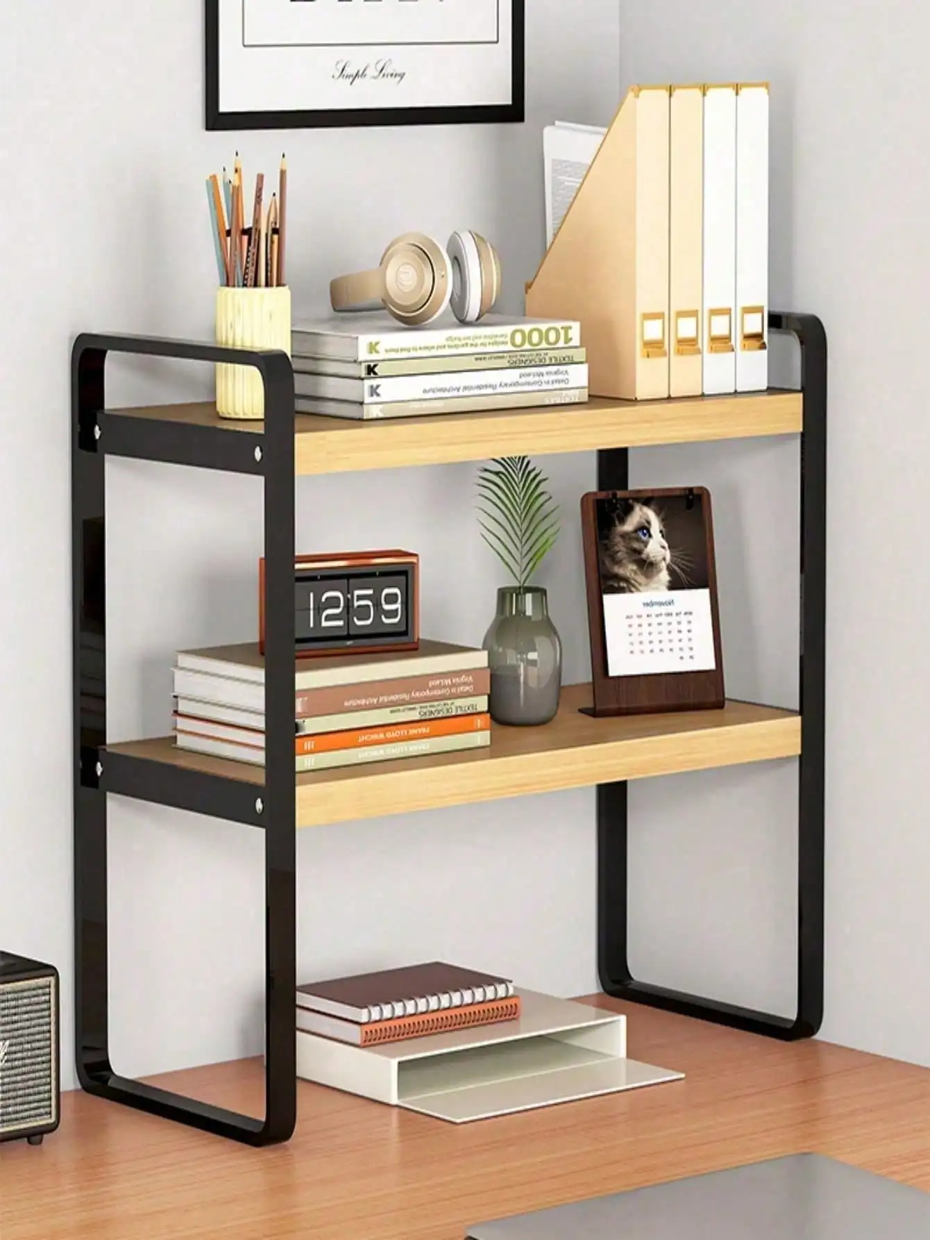 

SHEIN 1pc Wood & Metal Multi-Tier Desktop Organizer Rack, Bookshelf For Students, Office Computer Display Shelf