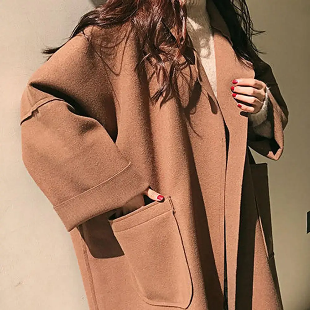 Women Winter Woolen Coat Thicken Elegant Turn-down Collar Pockets Notch Collar Women Coat Women Coat Autumn Spring Overcoat