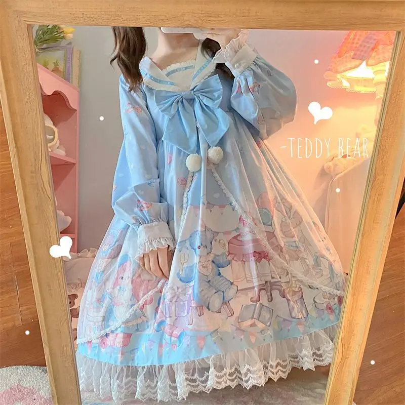 Women Casual Long Sleeve Lolita Kawaii Dress Bow Bear Lace Blue Princess Dresses Japanese French Maid Uniform Party Prom Costume