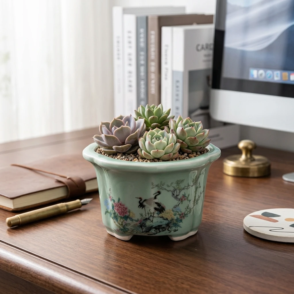 Chinese Ceramic Succulent-Pot for Office Desktop Decorative Painting Planter Drainage Hole Mini Flowerpot Garden Ornament