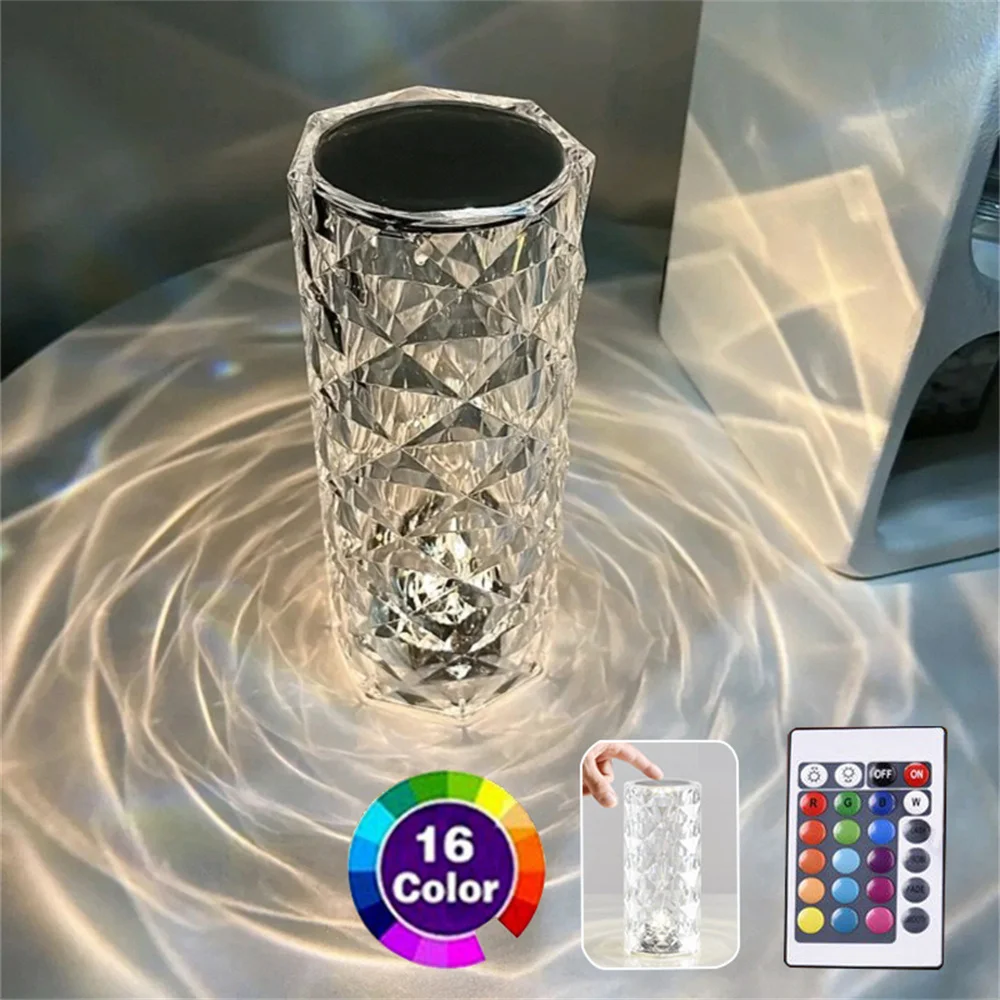 

LED Crystal Table Lamp Rose Light Projector 3/16 Colors Touch Adjustable Romantic Diamond Atmosphere Light USB Touch Night Light