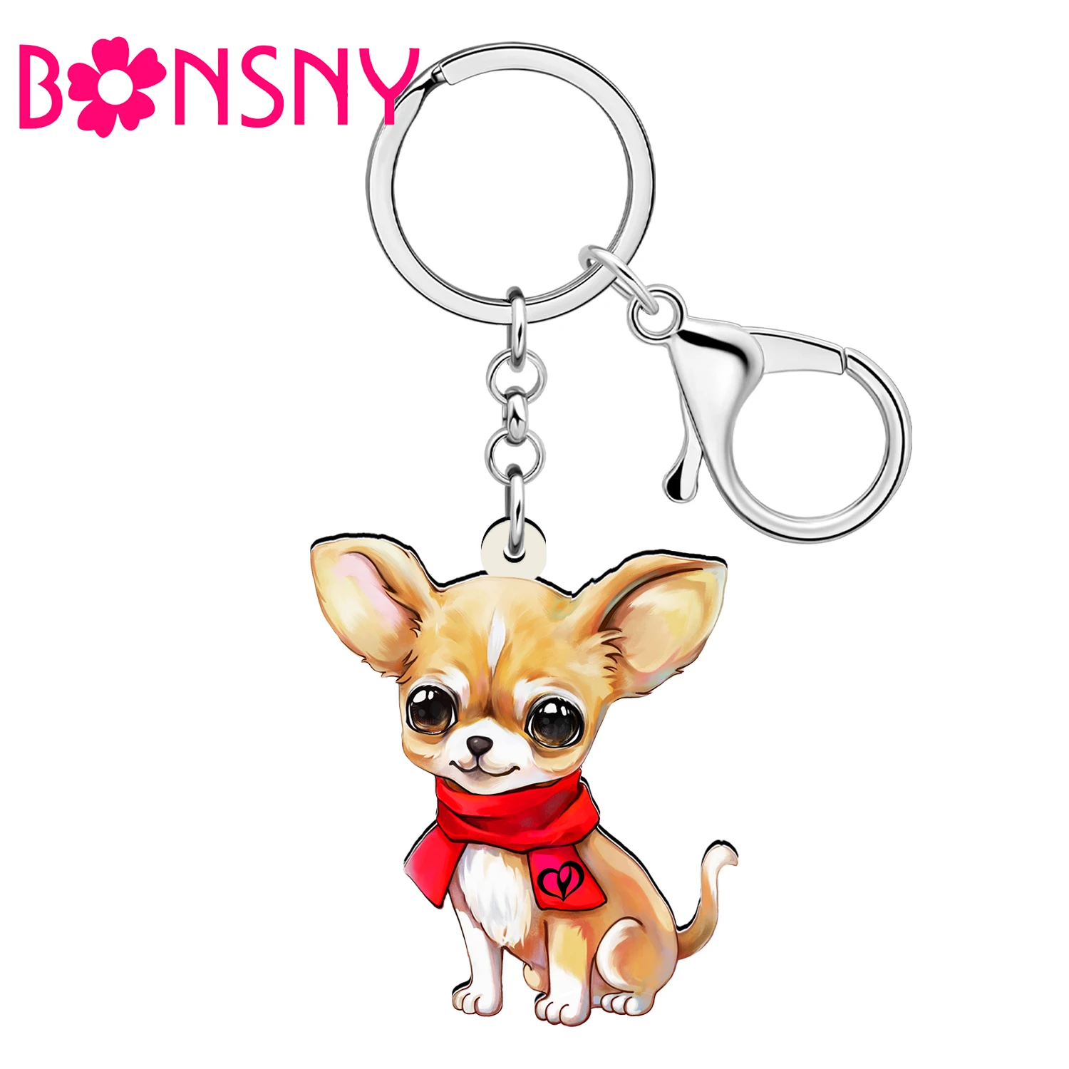 BONSNY Acrylic Orange Chihuahua Dog Keychains Christmas Puppy Key Ring For Women Kid Pets Gifts Purse Car Backpack Accessories