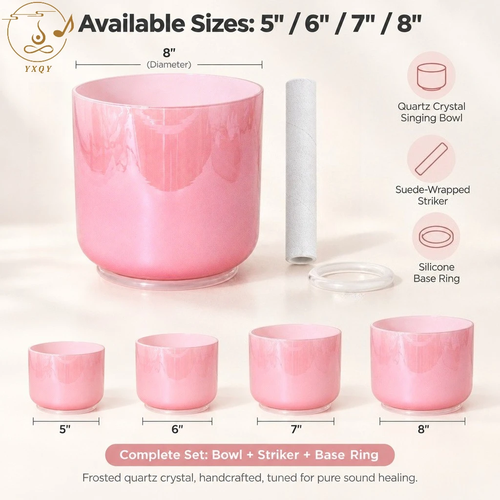 YXQY 5-8Inch Solid Pink Aura New Clear Quartz Crystal Singing Bowl Top Level Sound Therapy Meditation Relaxing Bowl 432hz Set