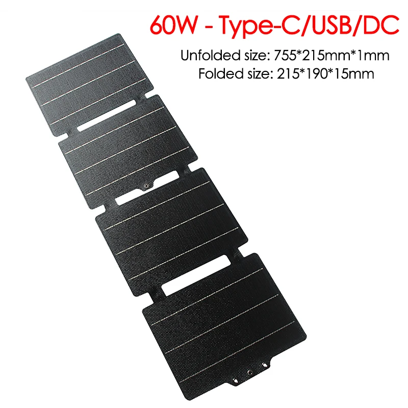 30W 60W Lightweight Solar Panel Charger Flexible Folding Solar Charger USB/Type-C Output Port for Phone Outdoor Camping Hiking