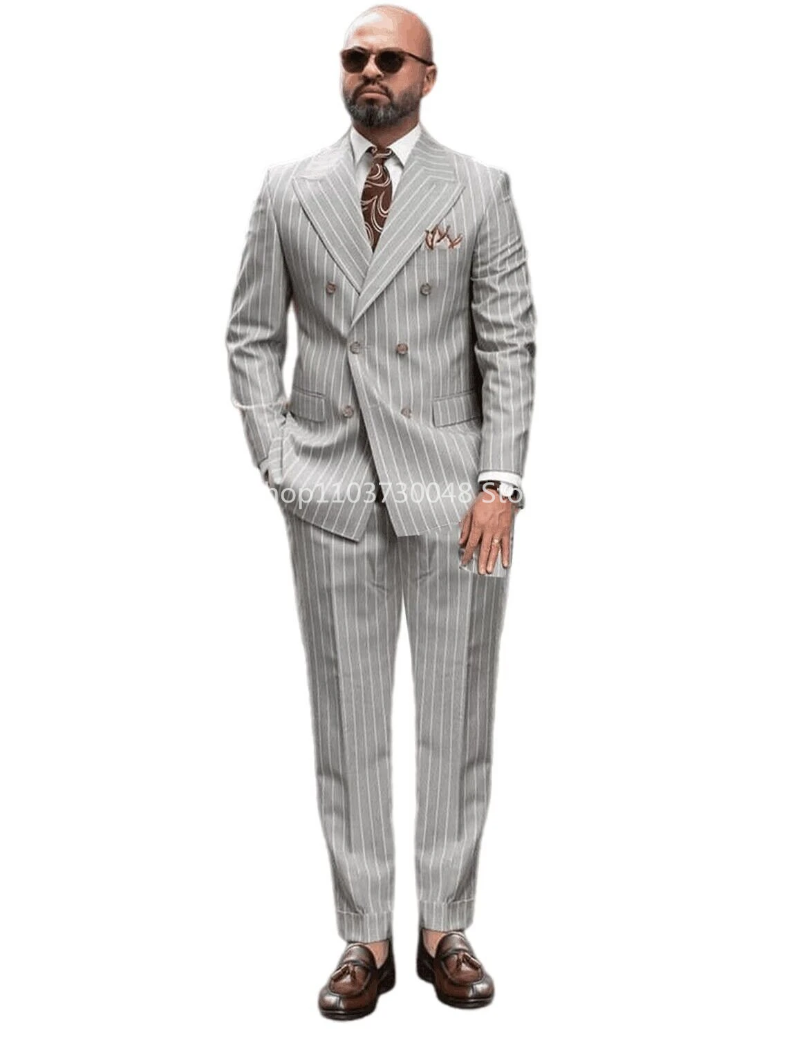 Formal Light Grey Striped Men 2 Piece Wedding Suit Peak Lapel Groom Tuxedo Slim Fit Business Suits Costume Homme For Party Prom