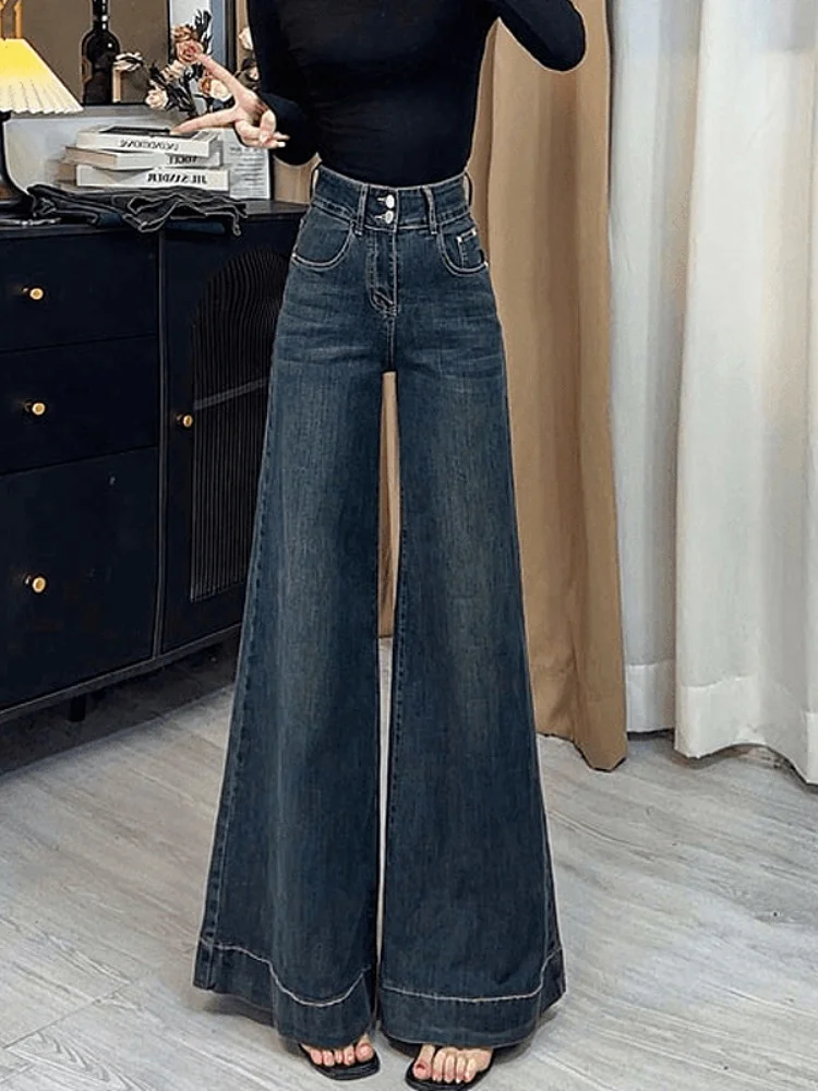 

Эластичные широкие джинсы с высокой талией в стиле ретро, женские свободные длинные брюки прямого кроя для похудения, осенние новые универсальные джинсовые брюки