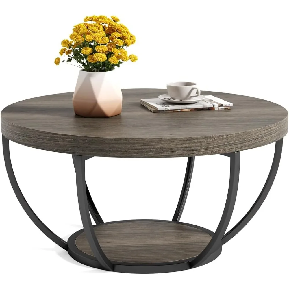 

Coffee Table, 32" Circle Coffee Table for Living Room, 2-Tier Wood Accent Center Table with Open Storage Industrial Design Home