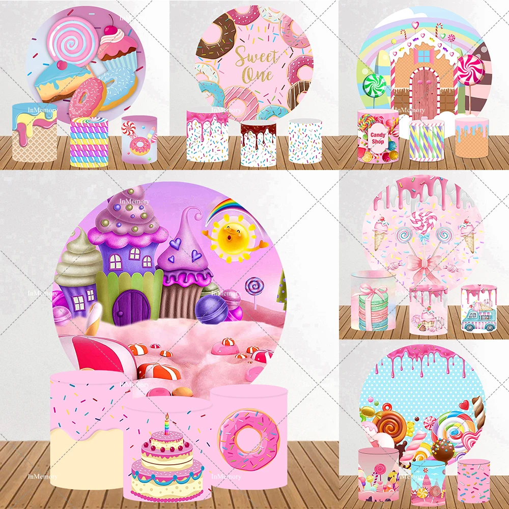 

Ice Cream Candy Bar Round Backdrop Pink Girls Sweet One Baby Shower Donut Birthday Party Background Dessert Table Plinth Covers