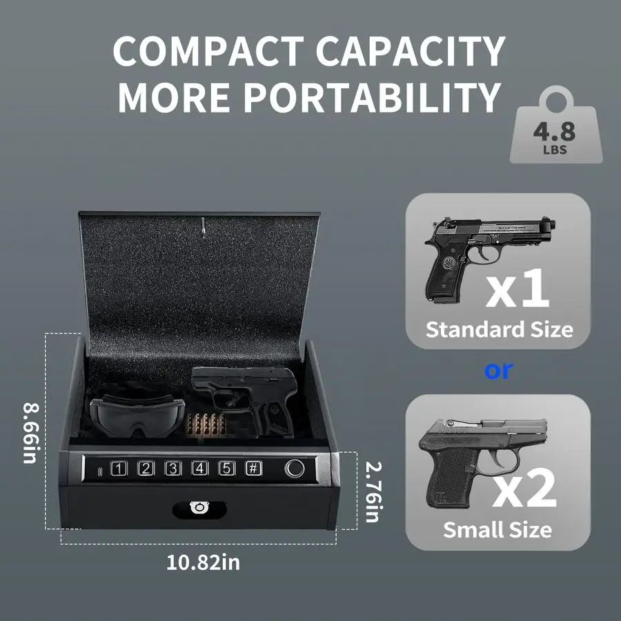 صندوق قفل المسدس البيومتري، آمن لبصمات الأصابع مع تشغيل هادئ، لوحة مفاتيح رقمية، احتياطية للمفتاح اليدوي، حشوة إسفنجية داخلية
