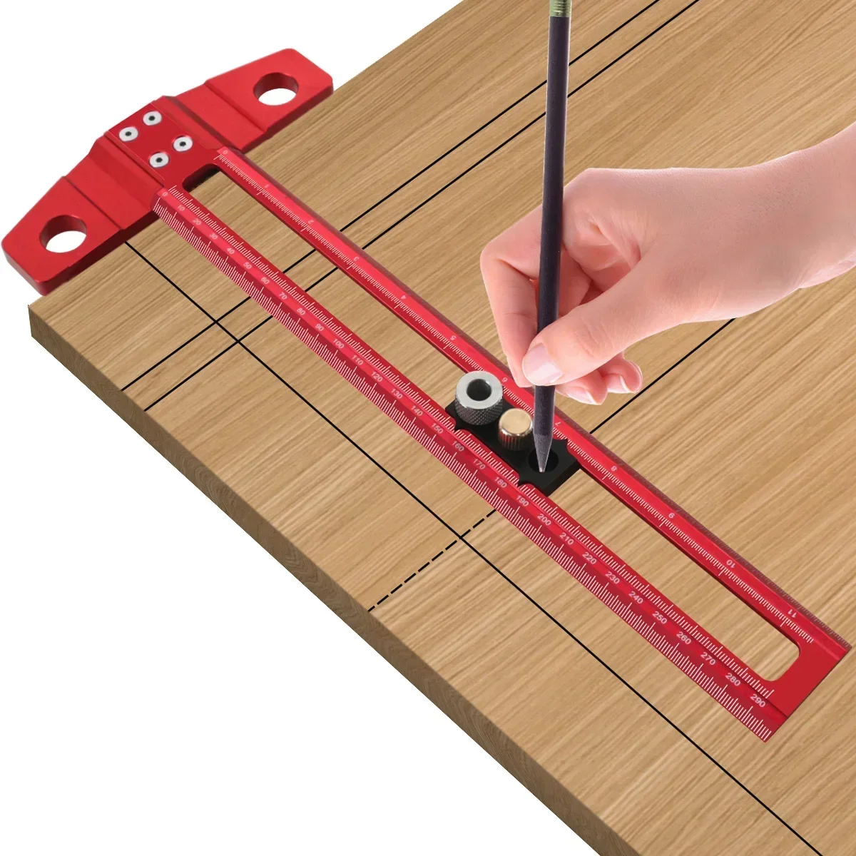 

Woodworking 2 in 1 Drilling Positioning Scoring Ruler Aluminum Scriber Marking T Square Dowelling Jig with 6/8/10mm Drill Sleeve