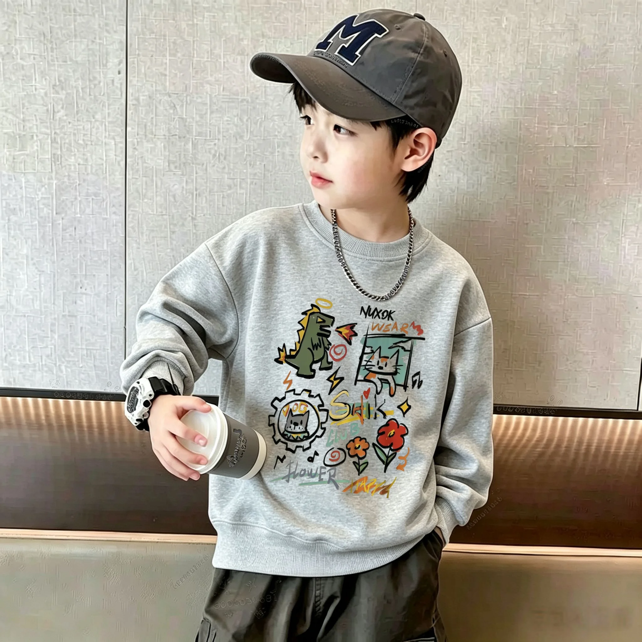 Kids Crewneck Sweatshirt Autumn Winter Cartoon Dinosaur Cat Graffiti Print Casual Loose Long Sleeve Tops