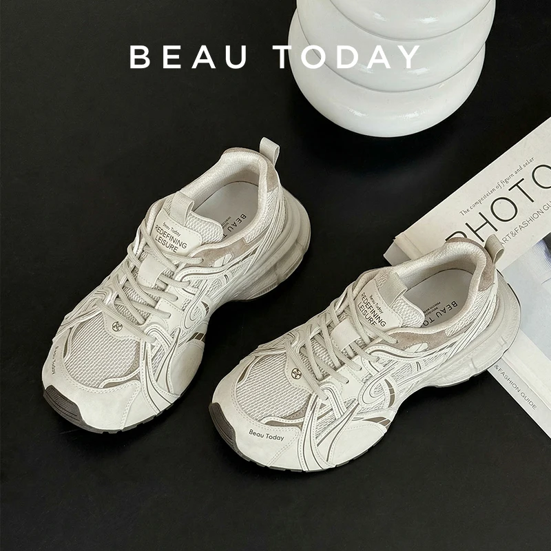 BEAUTODAY – baskets épaisses en cuir croûte pour femmes, couleurs mélangées, fermeture à lacets, chaussures décontractées tendance pour dames, faites à la main, 29A91