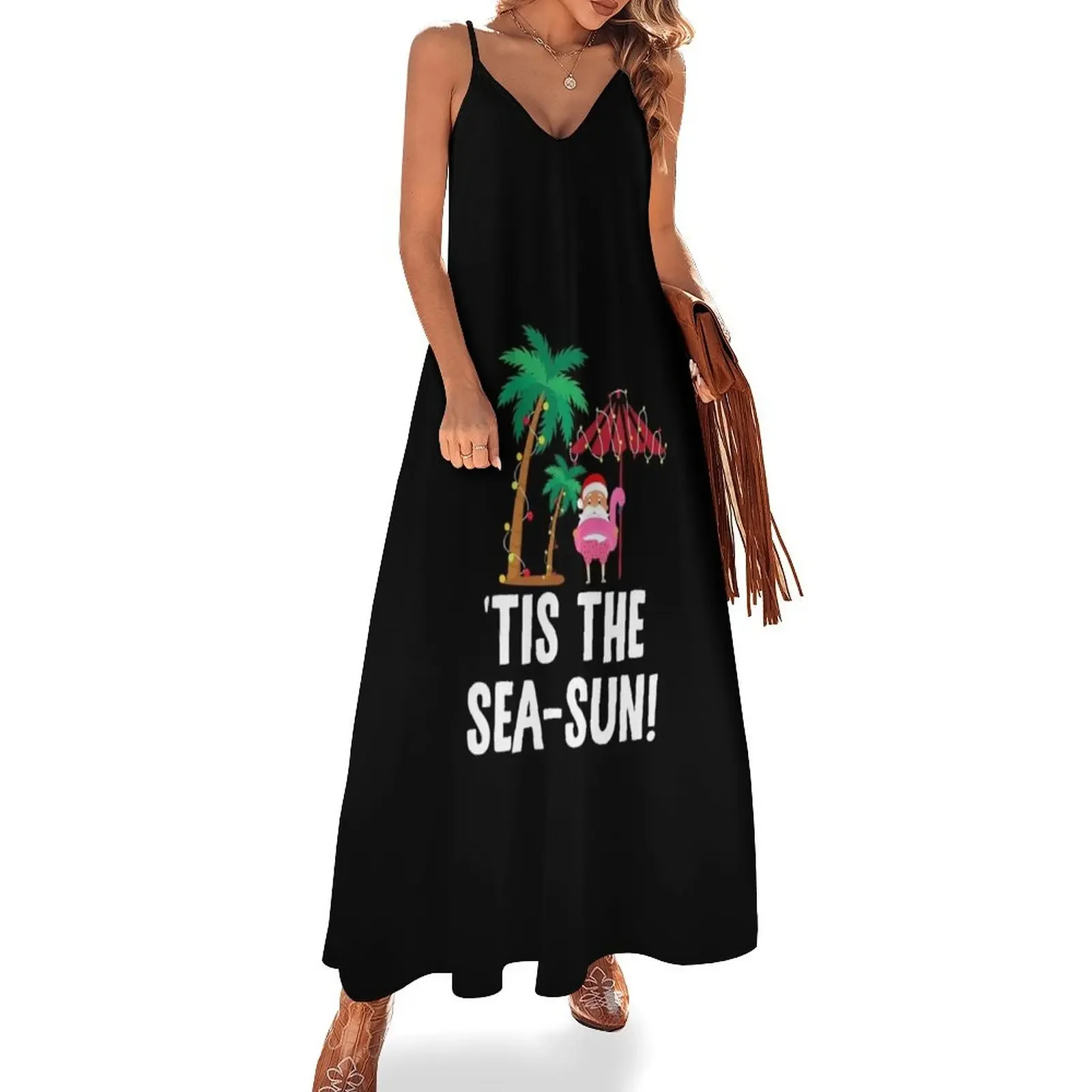 Tis the Sea-Sun Tropical Christmas Season Santa Flamingo Fan Sleeveless Dress Women's skirt