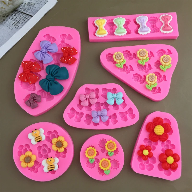Cute Cartoon Silicone Molds DIY Flowers Bow Bee Fondant Cupcake Fondant Cake Decorating Chocolate Candy Baking Mold Tools