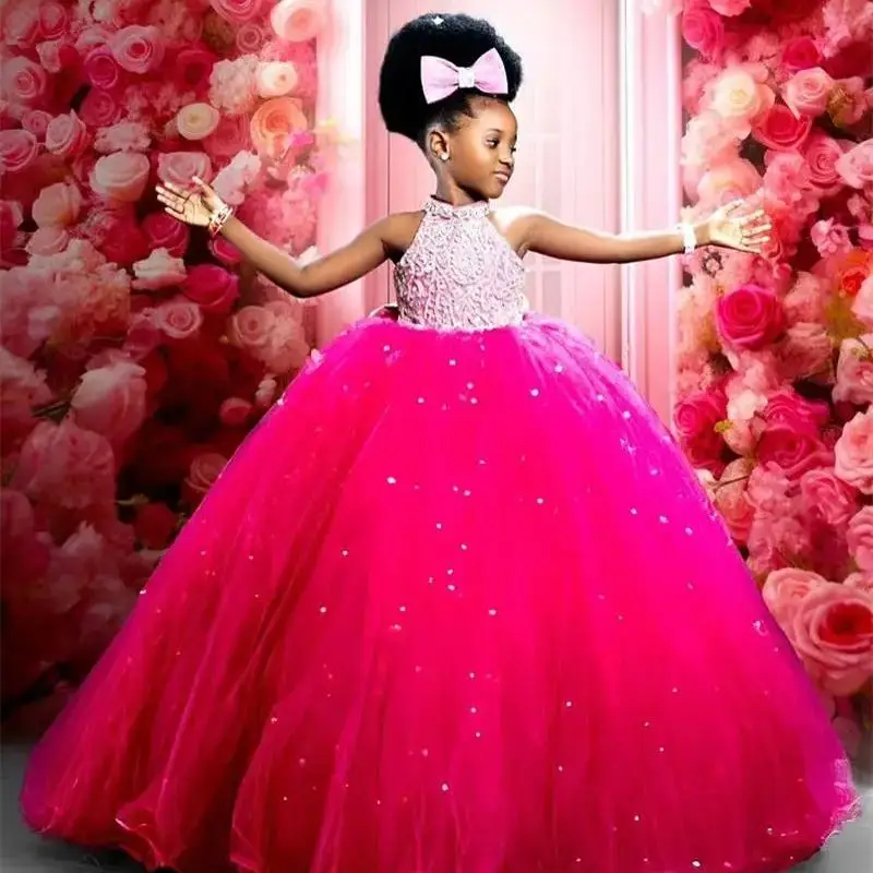 Cswdocy Fuchsia Long Flower Girl Dresses Customized Tulle High Neck Girl's Pageant Dress for Wedding First Birthday Party Gowns