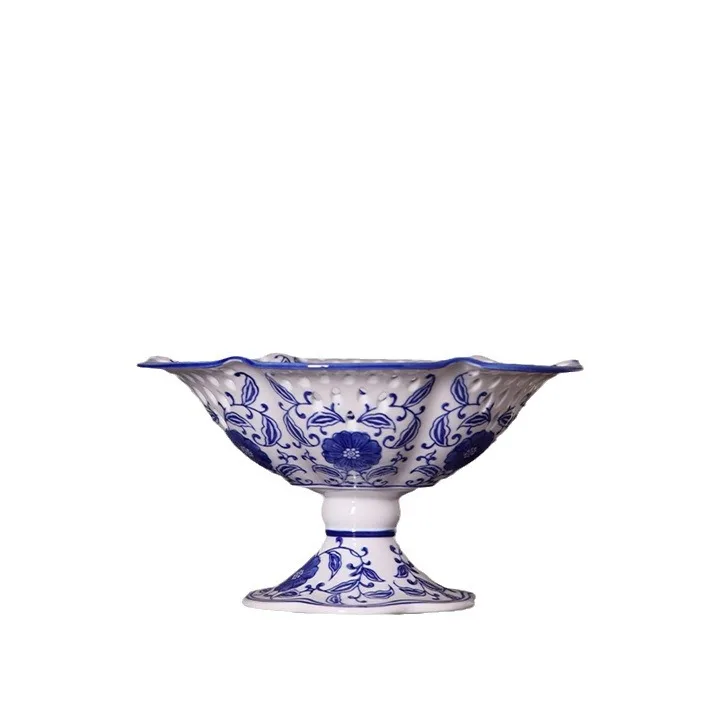 HYS blue and white porcelain fruit plate creative hollow candy snack plate living room coffee table decorative ornament