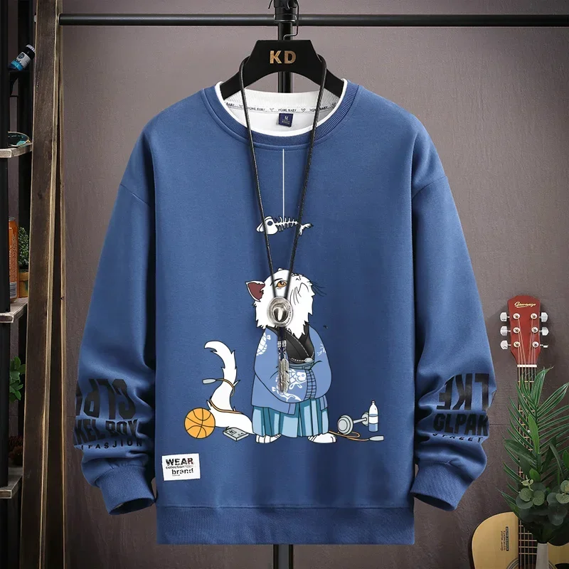 Sweater Jepang leher O pria, Sweatshirt bercetak kartun kucing musim gugur, pakaian pria trendi lengan panjang leher O