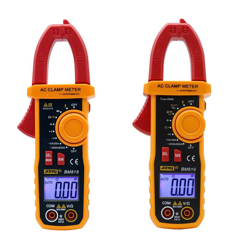 

SZBJ BM818 Digital clamp meter BM819 Ture-RMS Ammeter ACV/DCV ACA 600V/600A Auto Range capacitance 2000uF/10000uF NCV Backlight