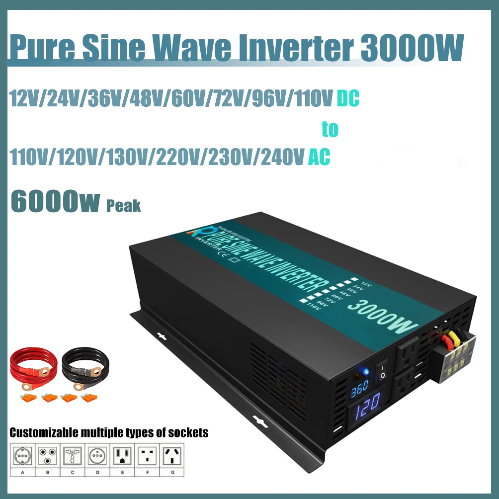 Inverter 12V 220V 3000W Pure Sine Wave Off Grid PV Converter 24V 36V 48V DC to 120V 130V 230V 240V AC RV Home appliance