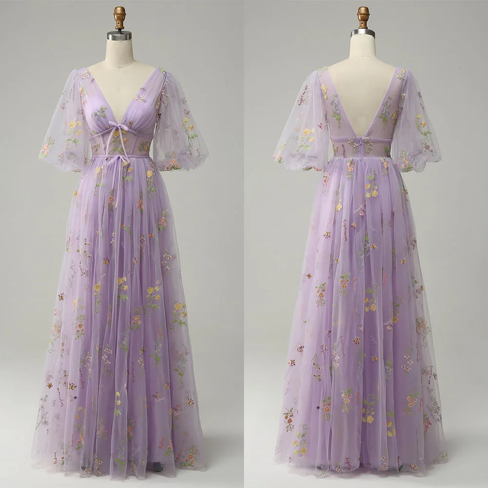 

High Quality Customized V-neck Backless Purple Floor Length Appliques Flowers Bow Wrinkle Half Sleeves Evening Dress Elegant