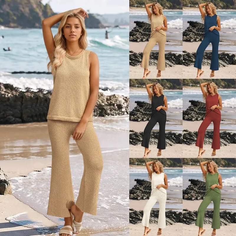 

Women's Knitted V Neck Sweater and Casual Pants Two Piece Set Sleeveless Vest Wide Leg Pants Leisure Suit Streetwear