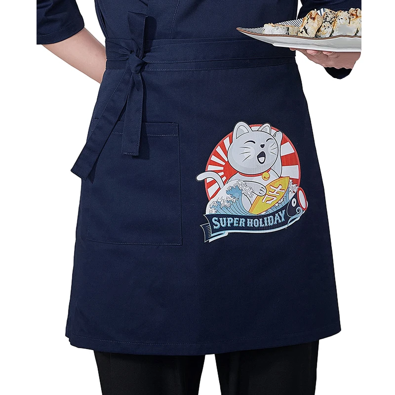 Kitchen Cooking Aprons Japanese Style Cuisine Half-Length Long Waist Apron Matching Sushi Uniform Apron with Pockets