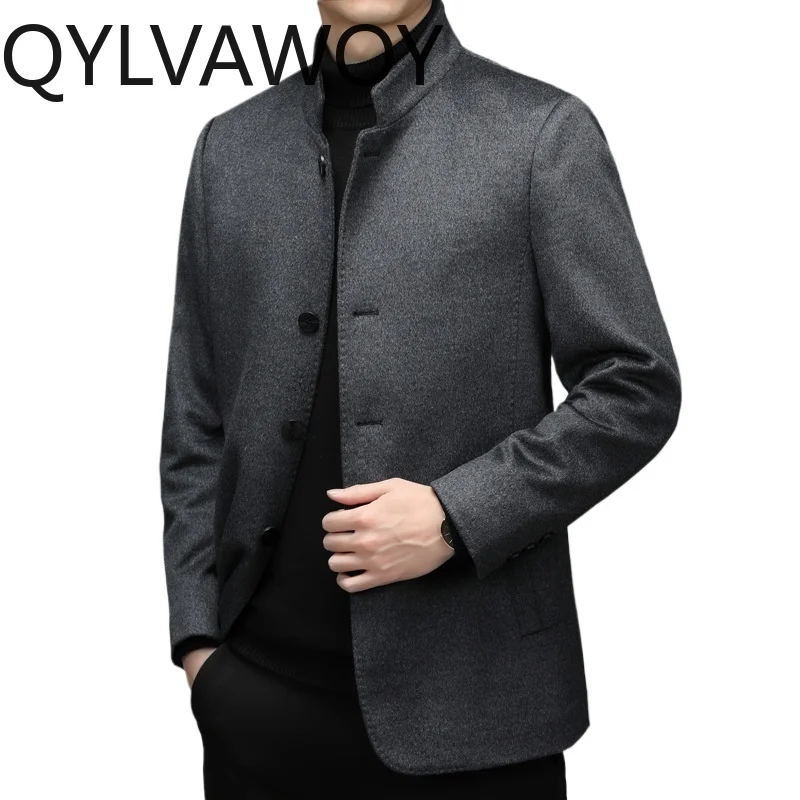 QYLVAWOY 100% Wool Men Jacket Stand-up Collar Slim Clothes for Man Jackets Fashionable Business Woolen Coat Winter Куртка Зимняя