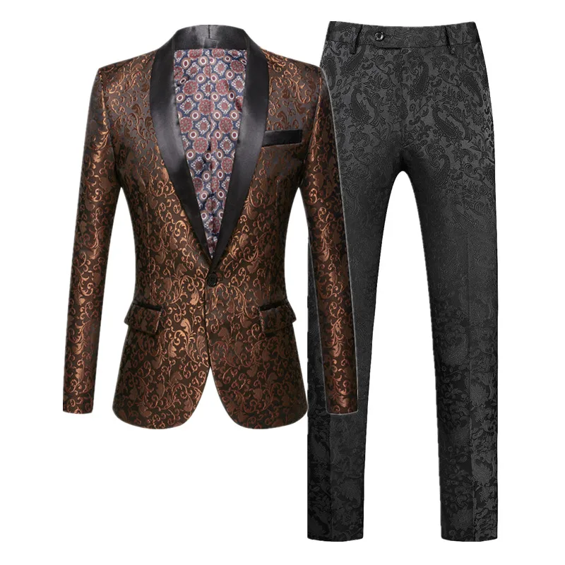 (Jacket+Pants) Men Luxury Jacquard Suit 2 Piece Pink Black Fashion Male Business Social Wedding Party Tuxedo Blazers Trousers