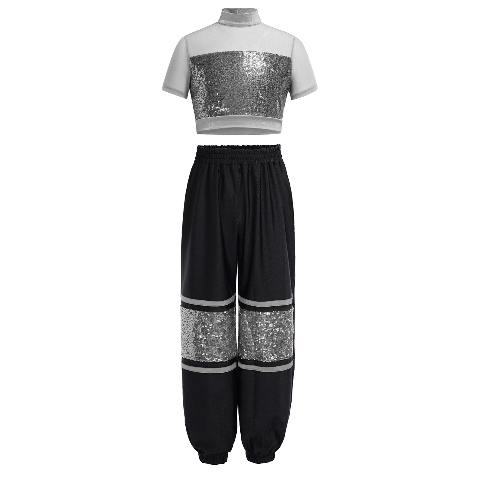 Kids Girls Sparkling Sequin Hip Hop Clothes Set Jazz Dance Outfit Mock Neck Mesh Patchwork Crop Top with Pants Dancewear Sets