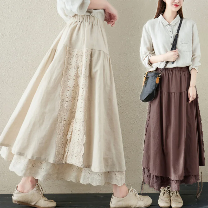 Japanese Linen Lace Half Skirt Hollow Out Floral Elastic Waist Mid-length A-line Sweet Skirts 2026 Summer New with Inner Lining