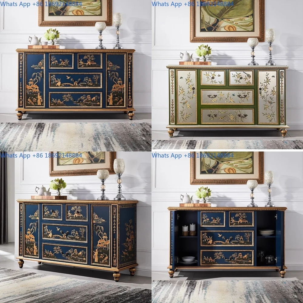 

Rustic Style Painted Wood Sideboard with Carved Details for Living Room or Entryway Decor