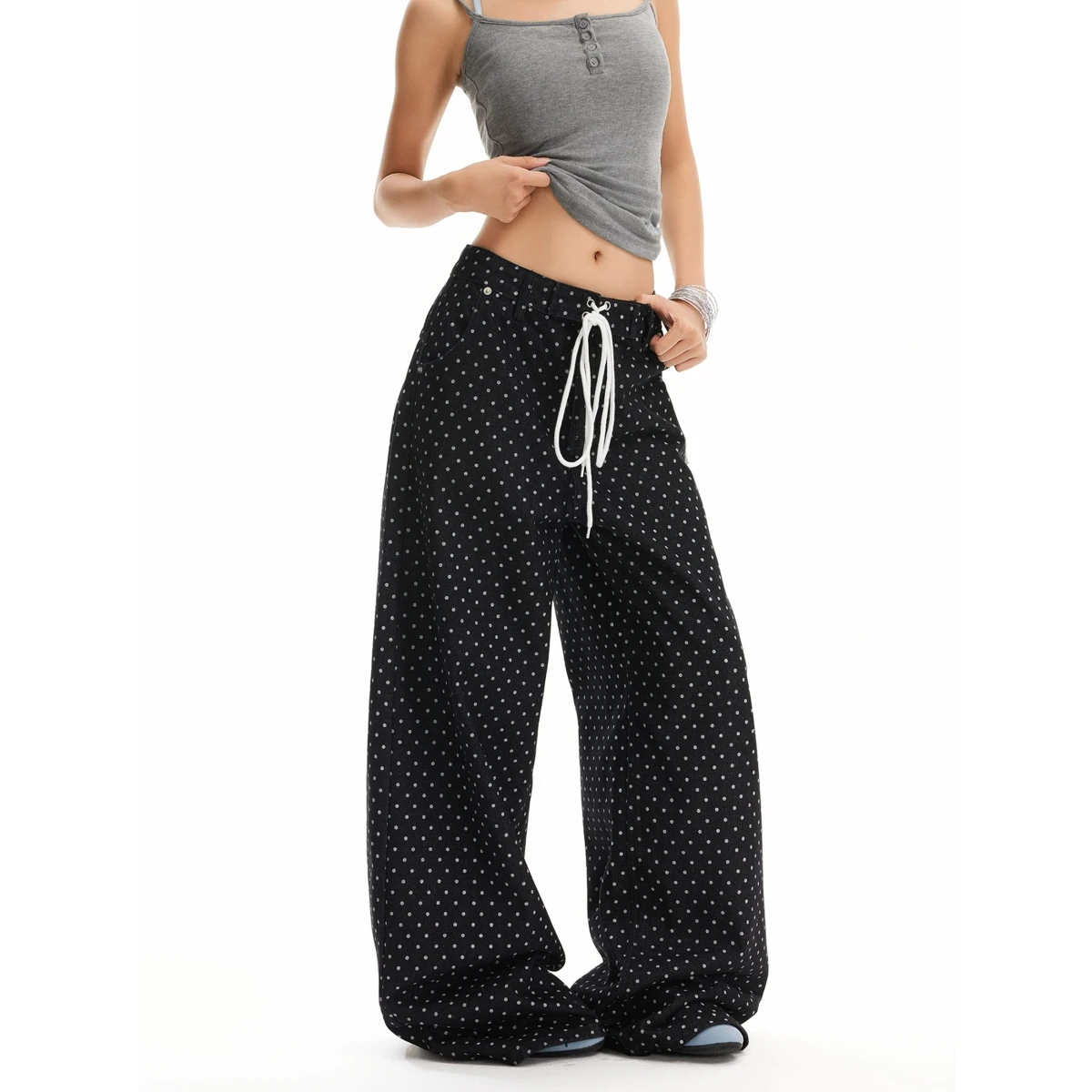 

American Lazy Polka Dot Drawstring Casual Pants Vintage Loose Wide Leg Cleanfit Straight Tube Floor-Length Pants