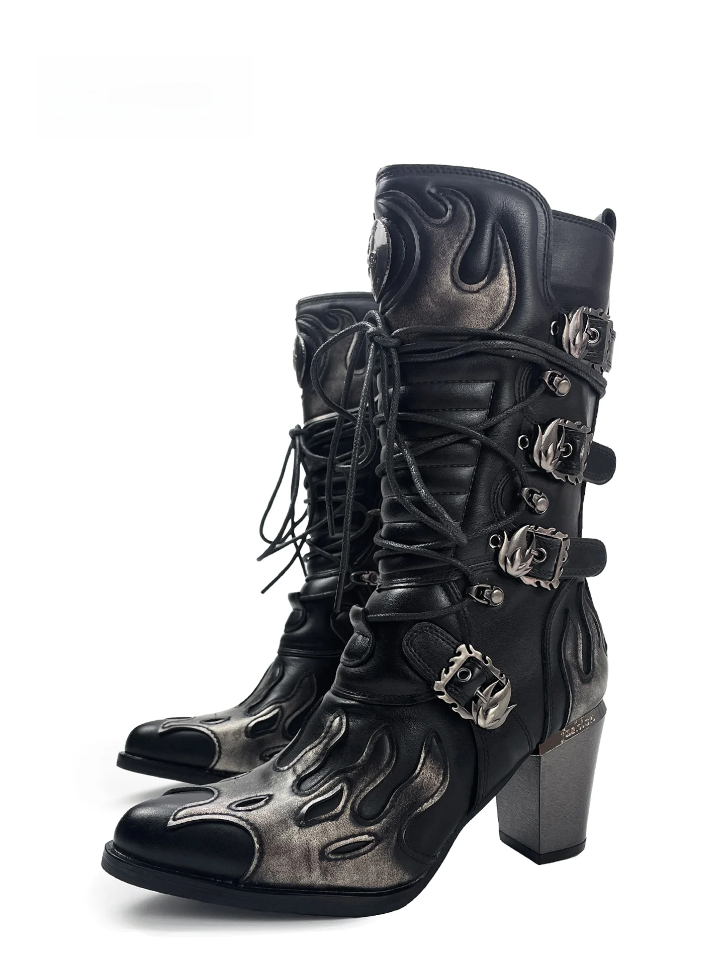 

MibVias Original Dark Flame Pattern Western Boots Women's Mid-Calf Pointed Toe Thick Heel Heightening Belt Buckle Booties