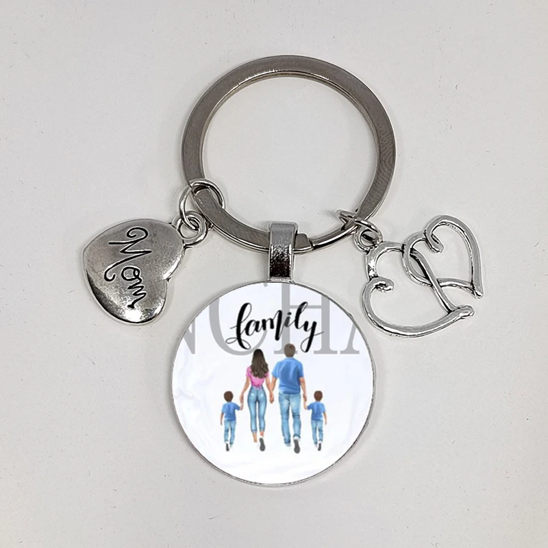 Happy Family Super Dad Mom Boy Girl Mother\'s Day Gift Keychain Men\'s and Women\'s Fun Glass Cabochon Keychain Parent-Child Gift