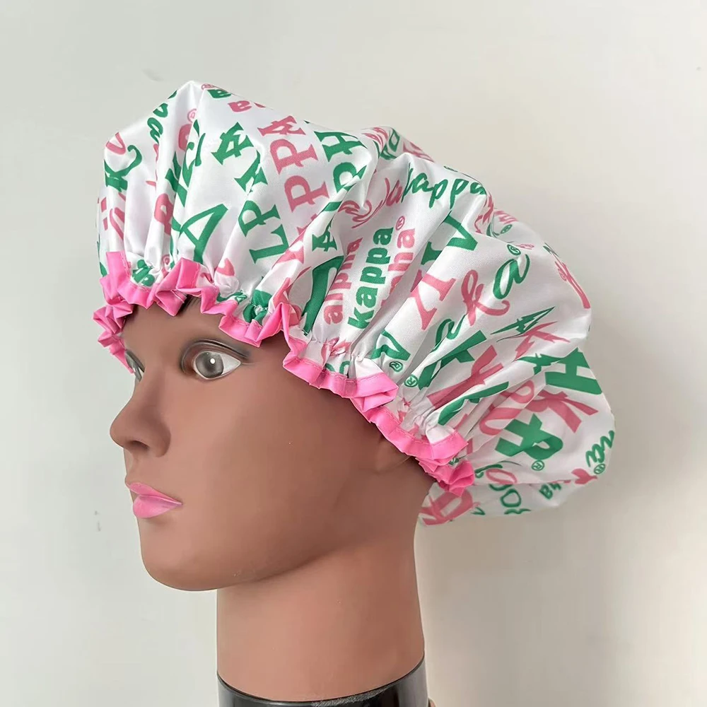 Alpha Pink and White Shower Cap Features Organization Name and Feminine Greek Letters