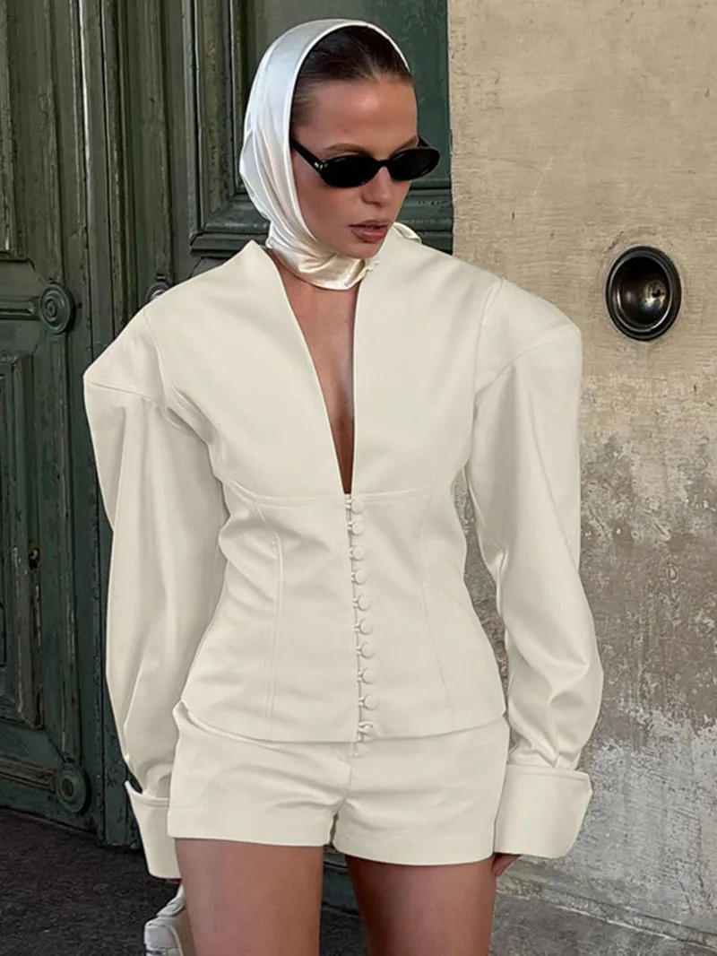 2026 Autumn New Waist-closed Blazer Coat Suit Women's V-neck Long Sleeve Buttons Slim Short Coat And Shorts
