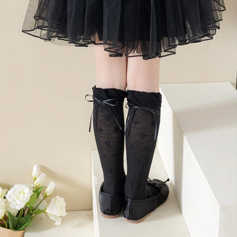 

Breathable Sweet Children Mid-Tube Hosiery Ribbon Bow Princess Lolita Lace Stockings Solid Color Cotton Balletcore Socks Daily