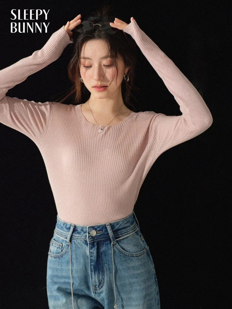 

Женский вязаный свитер с круглым вырезом, облегающий пуловер, элегантный мягкий трикотажный топ с длинным рукавом, повседневная рубашка для весны и осени