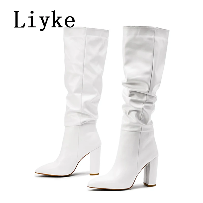 Liyke Size 35-42 White Pleated Leather Long Boots Women Autumn Winter Chunky Heels Motorcycle Knee High Shoes Botas Largas Mujer