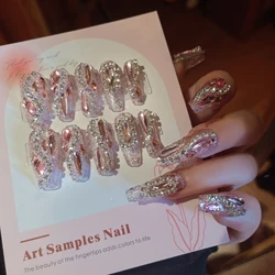 24pcs Full Rhinestones False Nails Sweet Pink Long Ballet Coffin Nails Wearable Bridal Wedding Fake Nails Luxury Diamond Decor