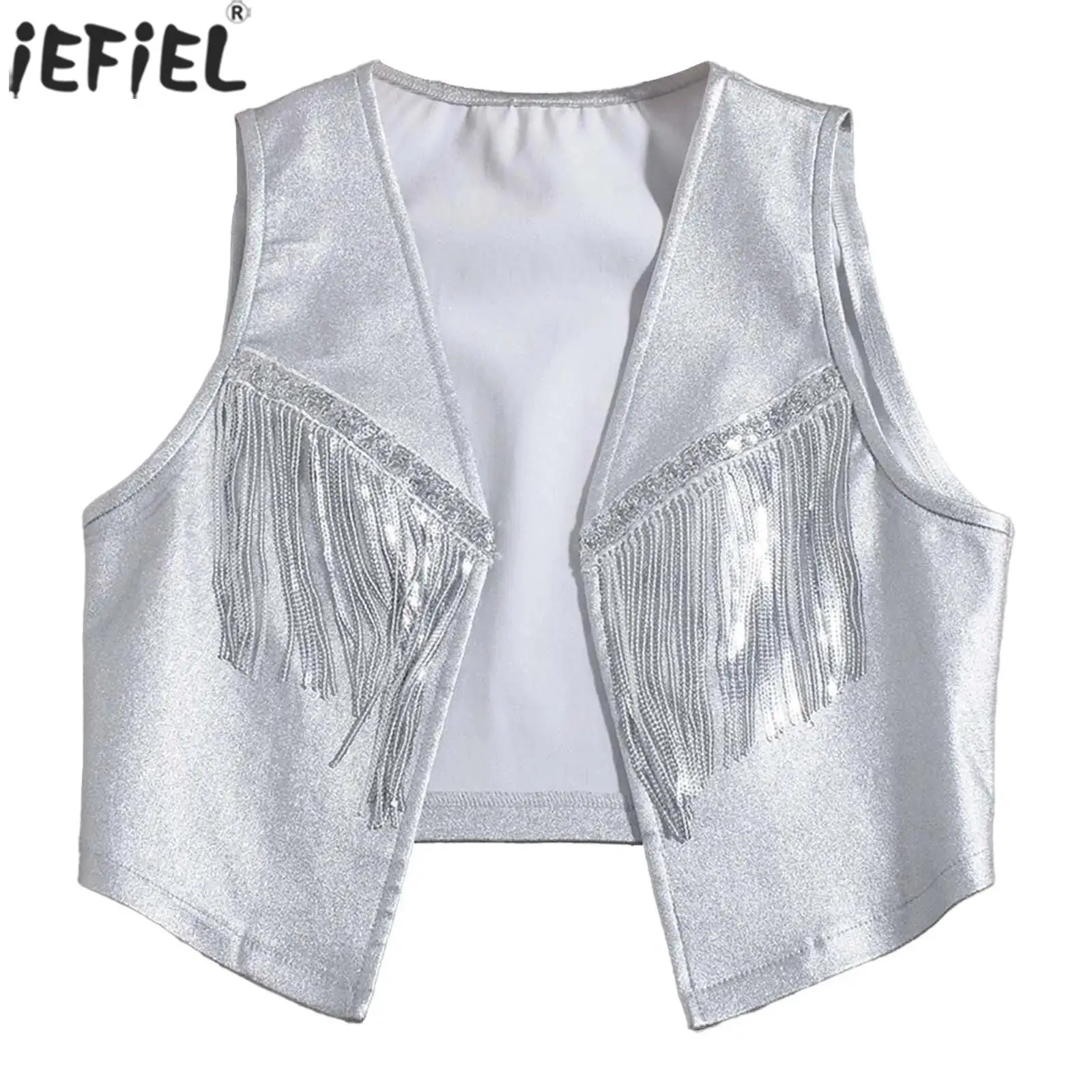 

Women Vintage Cowgirl Cosplay Vests Metallic Gilet Chest Tassel Open Front Cropped Vest Tank for Western Cowboy Party Club