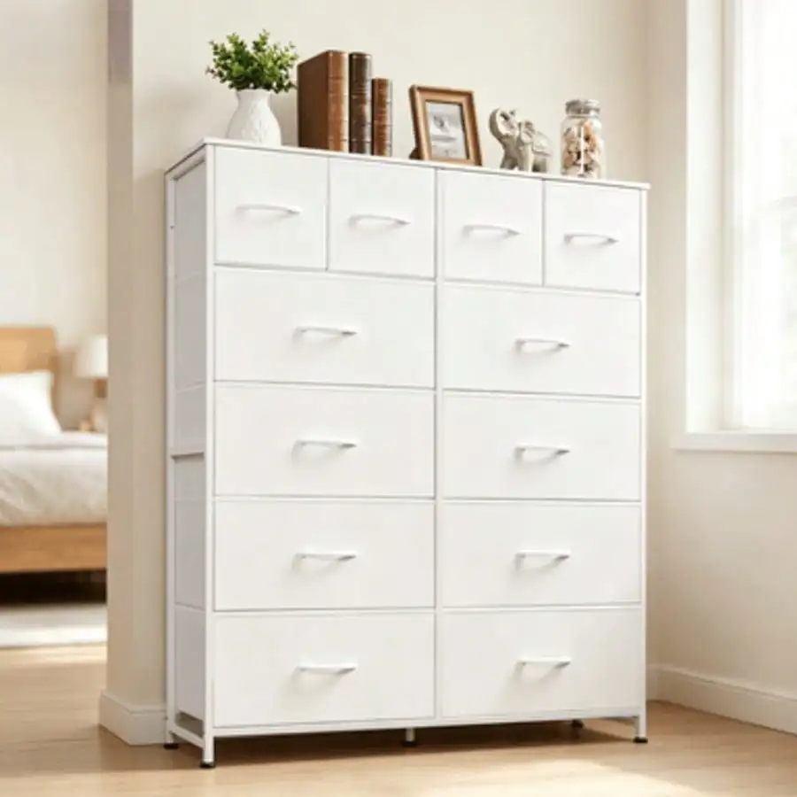 12 Drawers Tall Storage Dresser, Metal Steel Frame Dresser With Wood Top, Vertical Drawer Organizer Cabinet For Bedroom Hallway Office