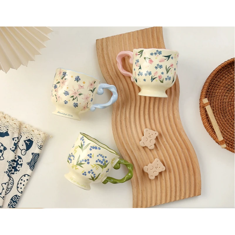 400ml Floral Ceramic Mug Large Capacity Breakfast Cup Couples Water Cups Holiday Gift for Girlfriend Office Water Handgrip Cup
