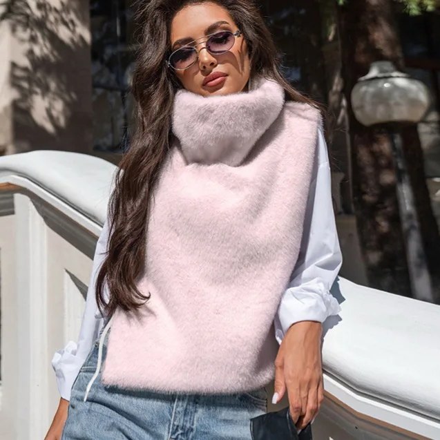 

Luxury Women's Autumn Faux Mink Vest Solid Color Turtleneck Sleeveless Pullover Lady Coat Slouchy-Style Chic Outwear For Female