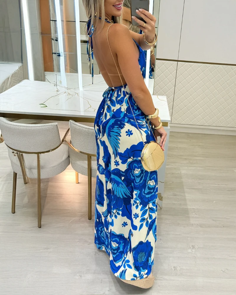 ฤดูร้อนชุดผู้หญิง 2025 Tropical พิมพ์BacklessกระโปรงยาวลําลองLace UpรายละเอียดA-Lineชุดสตรีฤดูร้อนชุดเซ็กซี่